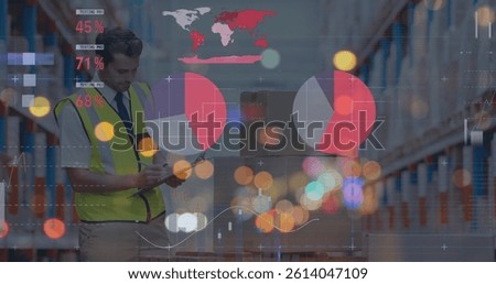 Image of graphs and financial data over caucasian male warehouse worker. business, finance, economy and parcel concept digitally generated image.