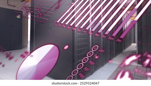 Image of graphs, globe and computer language over data server room. Digital composite, report, business, globalization, coding, programming language, data center, networking and technology.