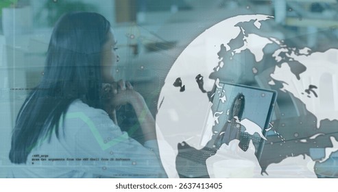 Image of graphs, globe and data over woman having image call on laptop. Business, finance, economy and technology concept digitally generated image.
