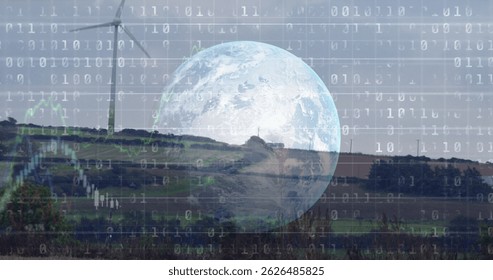 Image of graphs, globe and data processing over wind turbine. environment, sustainability, ecology, renewable energy and technology concept digitally generated image. - Powered by Shutterstock - Get 15% off with code: PIKWIZARD15