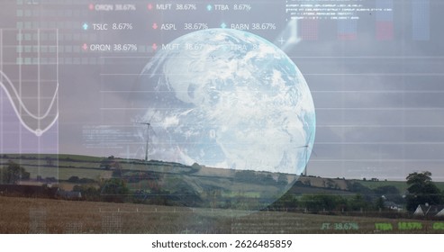Image of graphs, globe and data processing over wind turbine. environment, sustainability, ecology, renewable energy and technology concept digitally generated image.
