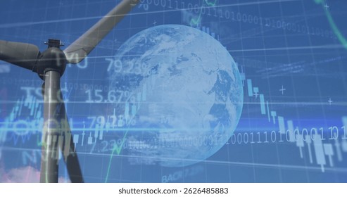 Image of graphs, globe and data processing over wind turbine. environment, sustainability, ecology, renewable energy and technology concept digitally generated image.