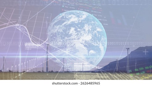 Image of graphs, globe and data processing over wind turbine. environment, sustainability, ecology, renewable energy and technology concept digitally generated image. - Powered by Shutterstock - Get 15% off with code: PIKWIZARD15