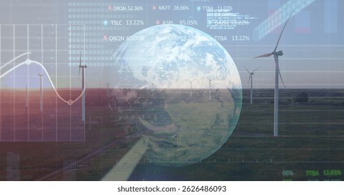 Image of graphs, globe and data processing over wind turbine at sunset. environment, sustainability, ecology, renewable energy and technology concept digitally generated image.