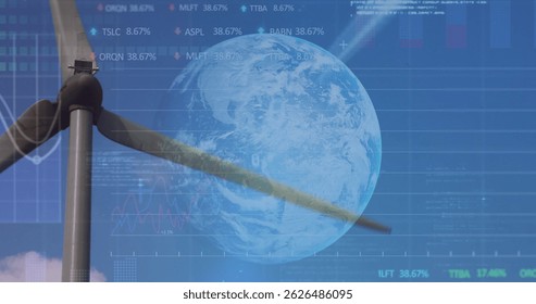 Image of graphs, globe and data processing over wind turbine. environment, sustainability, ecology, renewable energy and technology concept digitally generated image.