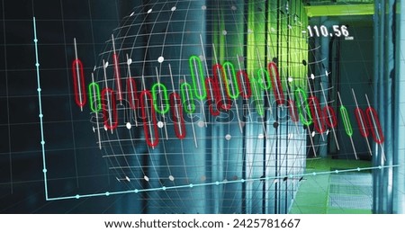 Image of graphs and globe over servers. Global network, connections, communication, data processing, finance and technology concept digitally generated image.