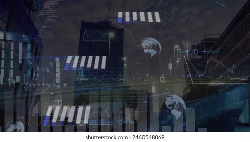 Image of graphs, globes, computer language over time-lapse of vehicles against buildings. Digital composite, multiple exposure, report, business, globalization, architecture, coding, technology.