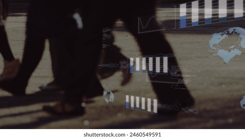 Image of graphs, globes and computer language over low section of people walking on street. Digital composite, multiple exposure, report, business, globalization, coding and technology concept.