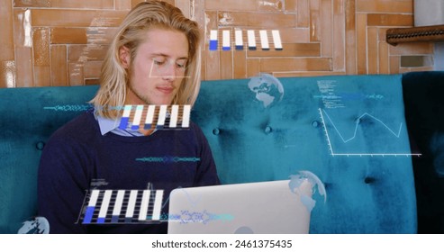 Image of graphs, globes and computer language, caucasian man working on laptop. Digital composite, multiple exposure, report, business, globalization, coding and technology concept.