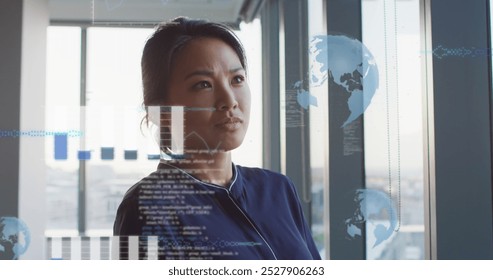 Image of graphs, globes and computer language over thoughtful asian woman in office. Digital composite, report, business, globalization, coding, programming language and technology concept. - Powered by Shutterstock