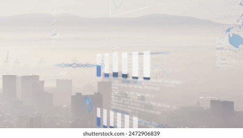 Image of graphs, globes, soundwaves over fog covered cityscape against mountain and sky. Digital composite, multiple exposure, report, business, globalization, buildings and architecture concept. - Powered by Shutterstock