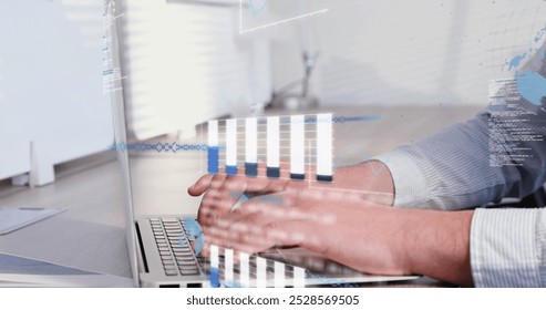 Image of graphs, globes, soundwaves and globes over caucasian man working on laptop. Digital composite, multiple exposure, report, business, globalization, coding and technology concept. - Powered by Shutterstock