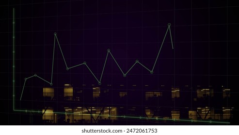 Image of graphs and grid pattern over illuminated modern building in background. Digital composite, multiple exposure, report, business, three dimensional and architecture concept.