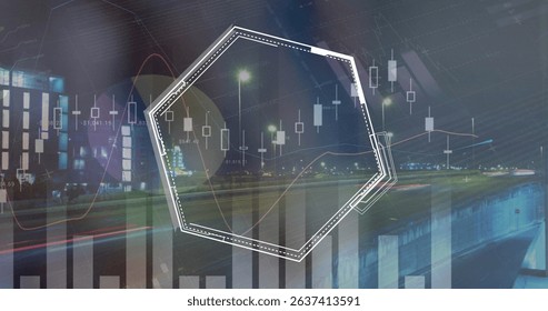 Image of graphs and hexagons over timelapse with night road traffic. Data processing, network and technology concept digitally generated image. - Powered by Shutterstock - Get 15% off with code: PIKWIZARD15
