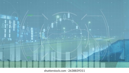 Image of graphs with hud processing against wind turbines with cityscape. Digital composite, multiple exposure, technology, power generation, sustainable energy, development, finance, economy.