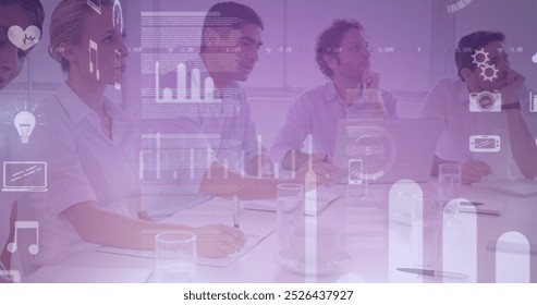 Image of graphs and icons over diverse businesspeople in office. business, network, connections and technology concept digitally generated image. - Powered by Shutterstock