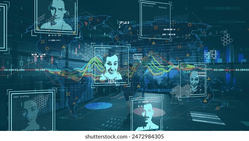 Image of graphs, icons, world map and user photos in digital office. Global network, data processing, finance, communication and technology concept digitally generated image.