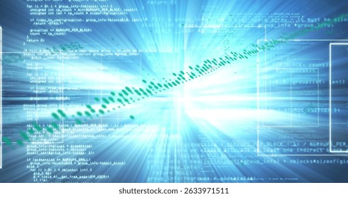 Image of graphs, lights, data processing on blue background. Computers, programming, data processing and technology concept digitally generated image.