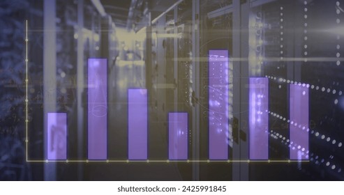 Image of graphs and lights over servers. Network, finance, connections and technology concept digitally generated image.
