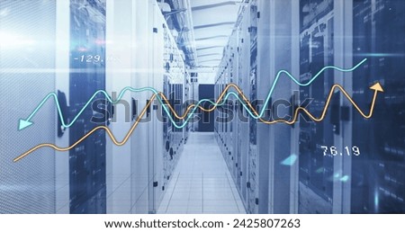 Image of graphs and lights over servers. Global network, connections, communication, data processing, finance and technology concept digitally generated image.