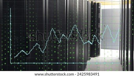 Image of graphs and lights over servers. Global network, connections, communication, data processing, finance and technology concept digitally generated image.