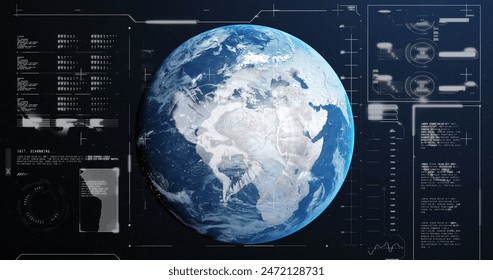 Image of graphs, loading bars and circles over rotating globe against abstract background. Digitally generated, hologram, illustration, report, business, progress and globalization concept.