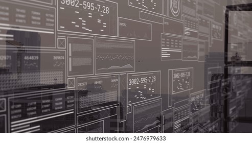 Image of graphs, loading bars and circles with changing numbers over modern buildings. Digital composite, multiple exposure, report, business, growth, progress and architecture concept.