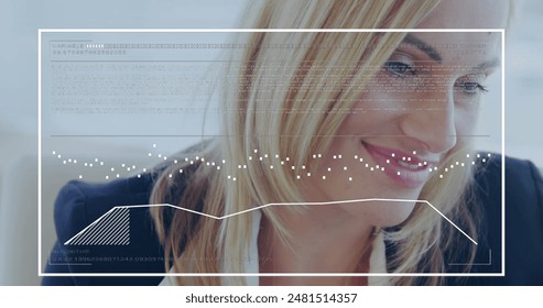 Image of graphs and loading bars over close up of beautiful caucasian woman. Digital composite, multiple exposure, report, abstract, portrait and business concept. - Powered by Shutterstock - Get 15% off with code: PIKWIZARD15