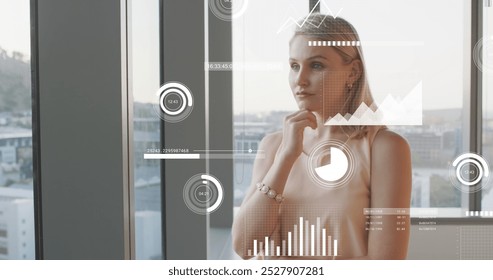 Image of graphs, loading circles, bars, thoughtful caucasian woman looking through glass window. Digital composite, multiple exposure, report, business, growth and progress concept. - Powered by Shutterstock