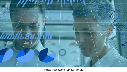 Image of graphs, loading circles, changing numbers over caucasian coworkers discussing reports. Digital composite, multiple exposure, report, business, growth, progress, planning and teamwork.