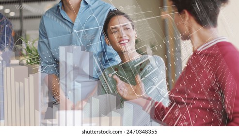Image of graphs, loading circles, changing numbers, diverse coworkers talking in office. Digital composite, multiple exposure, report, business, growth, progress, discussion and teamwork concept.
