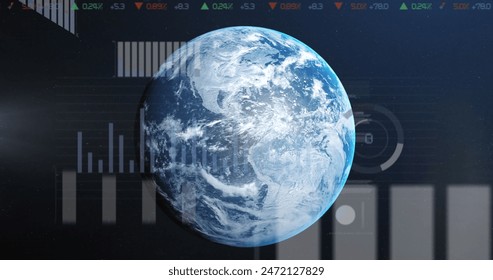 Image of graphs, loading circles, changing numbers and trading board over rotating globe. Digitally generated, hologram, globalization, report, business, growth, progress, stock market, - Powered by Shutterstock - Get 15% off with code: PIKWIZARD15