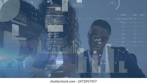 Image of graphs, loading circles, trading board over diverse coworkers sharing ideas in office. Digital composite, multiple exposure, report, business, progress, stock market and planning concept