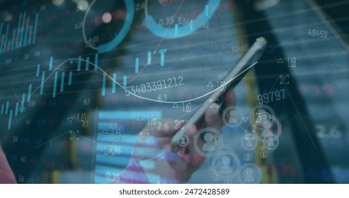 Image of graphs, loading circles and trading board, caucasian woman scrolling on cellphone. digital composite, multiple exposure, report, business, progress, stock market and technology concept.