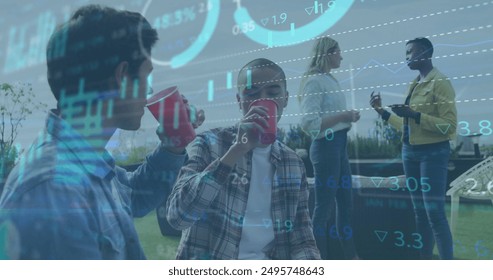 Image of graphs, loading circles, trading board over diverse friends enjoying drink. Digital composite, multiple exposure, report, business, progress, togetherness, beverage and stock market. - Powered by Shutterstock - Get 15% off with code: PIKWIZARD15