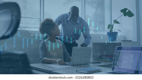 Image of graphs, loading circles, trading board, diverse coworkers discussing on desk in office. Digital composite, multiple exposure, report, business, stock market, teamwork and technology.