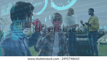 Image of graphs, loading circles, trading board over diverse friends enjoying drink. Digital composite, multiple exposure, report, business, progress, togetherness, beverage and stock market.