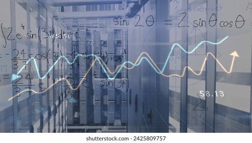 Image of graphs and math formulas over servers. Global network, connections, communication, data processing, finance and technology concept digitally generated image.