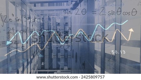 Image of graphs and math formulas over servers. Global network, connections, communication, data processing, finance and technology concept digitally generated image.