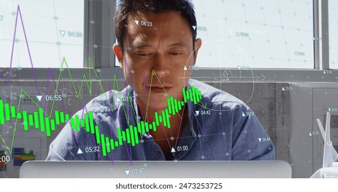 Image of graphs, mathematical equation, diagrams, asian architect designing blueprint on laptop. Digital composite, multiple exposure, report, business, education and technology concept. - Powered by Shutterstock - Get 15% off with code: PIKWIZARD15