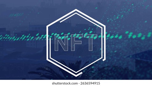 Image of graphs and nft over cityscape. Digital resources, data processing, network and technology concept digitally generated image.