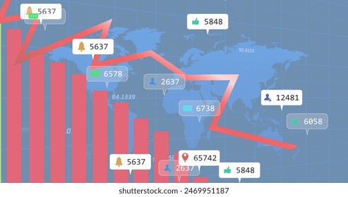 Image of graphs, notification bars and numbers with map over blue background. Digitally generated, hologram, illustration, report, business, social media, global and technology concept. - Powered by Shutterstock - Get 15% off with code: PIKWIZARD15