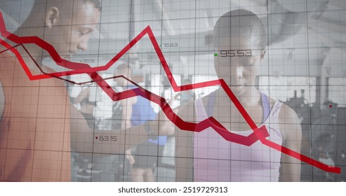 Image of graphs and numbers over diverse man teaching dumbbells exercise to woman in gym. Digital composite, multiple exposure, report, business, digits, fitness and active lifestyle concept. - Powered by Shutterstock