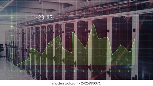 Image of graphs and numbers over servers. Network, finance, connections and technology concept digitally generated image.
