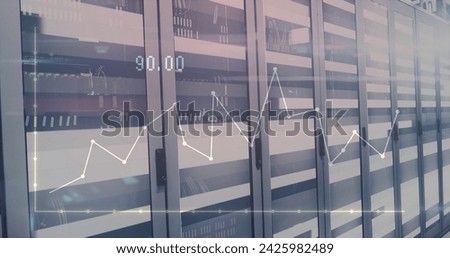Image of graphs and numbers over servers. Global network, connections, communication, data processing, finance and technology concept digitally generated image.