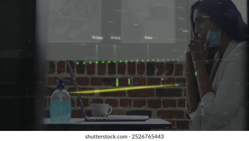 Image of graphs over caucasian woman in face mask in office. Business, finance and economy concept digitally generated image. - Powered by Shutterstock