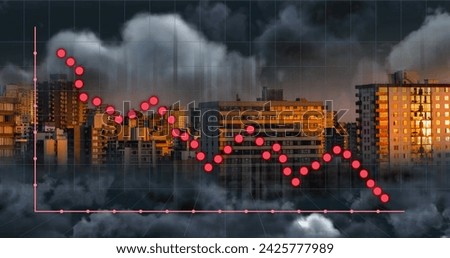 Image of graphs over cityscape. Global network, connections, communication, data processing, finance and technology concept digitally generated image.