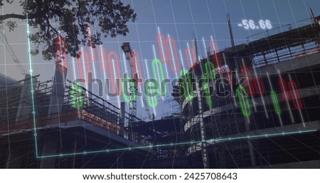 Image of graphs over construction site. Global network, connections, communication, data processing, finance and technology concept digitally generated image.