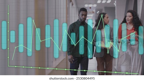 Image of graphs over diverse colleagues discussing in office corridor. Global communication, business, inclusivity, data and digital interface concept digitally generated image. - Powered by Shutterstock