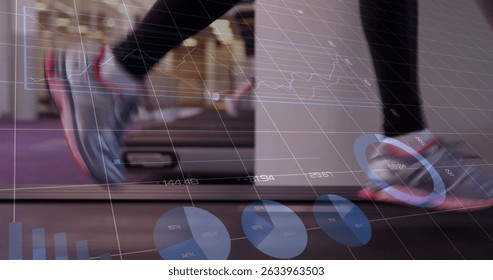 Image of graphs over feet of woman running on treadmill. Sport, active lifestyle and finance concept digitally generated image.
